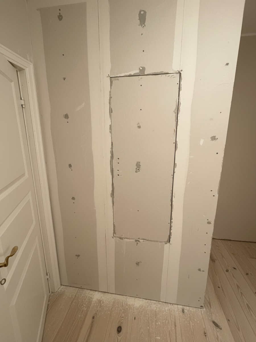 Før: umalte gipsplater, sparkelflekker og ubehandlet furugulv